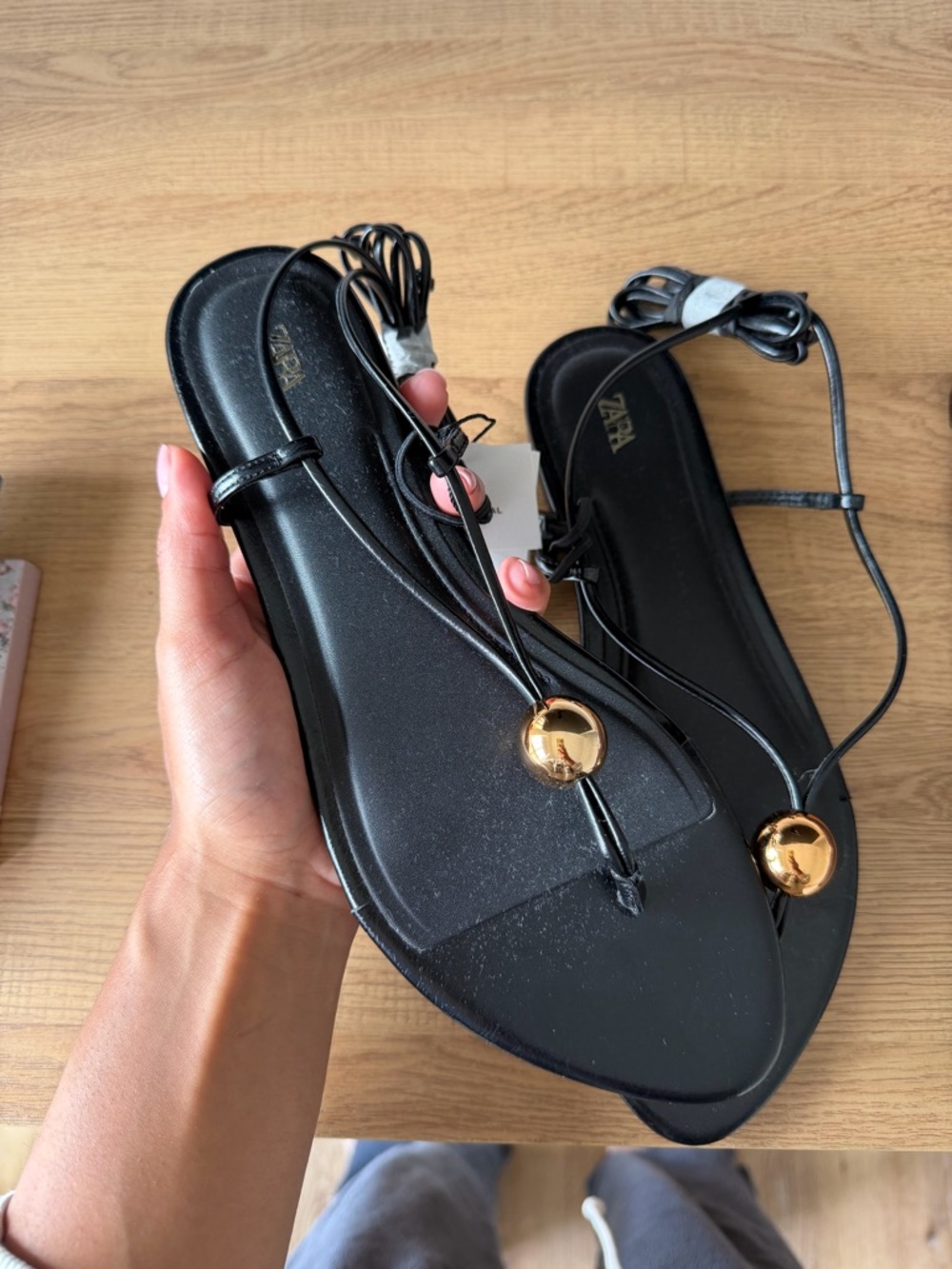 Zara Black Lace-Up Sandals with Gold-Tone Discs